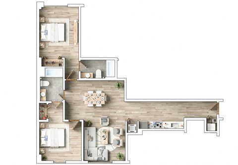 Floor plan for 2 beds, 2 baths, 907 sqft